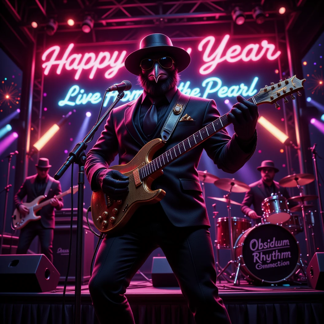 Muscular Anthropomorphic raven donned in intricate black suit with gold trim made of diamonds and a black diamond fedora. Diamonds cover his beak. Wears large sunglasses. Lead singer and electric guitar player of a jazz band at a high end jazz club. Uses a retro style microphone while playing his guitar. Behind the open air stage, fireworks burst. The words "Happy New Year MAB in a big neon sign, the words "Live From The Pearl" below in different colored neon letters. The base drum reads "Obsidian Rhythm Connection". Dynamic jazz band scene, dynamic pose, High Resolution, Masterpiece, Cinematic, Character Design, Hyperdetailed, Cinematography,  cinematic lighting, Depth Of Field, Sparkle, Ray Tracing, Image Fill, Dynamic Pose, old fashion microphone 