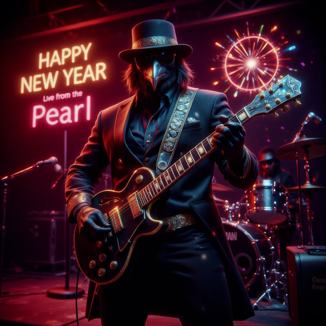 Muscular Anthropomorphic raven donned in intricate black suit with gold trim made of diamonds and a black diamond fedora. Diamonds cover his beak. Wears large sunglasses. Lead singer and electric guitar player of a jazz band at a high end jazz club. Uses a retro style microphone while playing his guitar. Behind the open air stage, fireworks burst. The words "Happy New Year MAB in a big neon sign, the words "Live From The Pearl" below in different colored neon letters. The base drum reads "Obsidian Rhythm Connection". Dynamic jazz band scene, dynamic pose, High Resolution, Masterpiece, Cinematic, Character Design, Hyperdetailed, Cinematography,  cinematic lighting, Depth Of Field, Sparkle, Ray Tracing, Image Fill, Dynamic Pose, old fashion microphone 