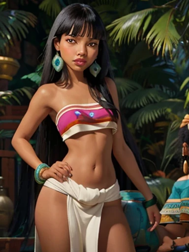 Chel ,the road to el dorado, imagen de body completo 1.2 slender big tits and well defined, body, average height, long black hair, voluminous and red lips, Brown eyes, Wide hips and thin waist, Typical loincloth of pre-Hispanic cultures , gemstone bracelets and necklaces, White skin ,indigenous traits, tropical jungles and brown structures 