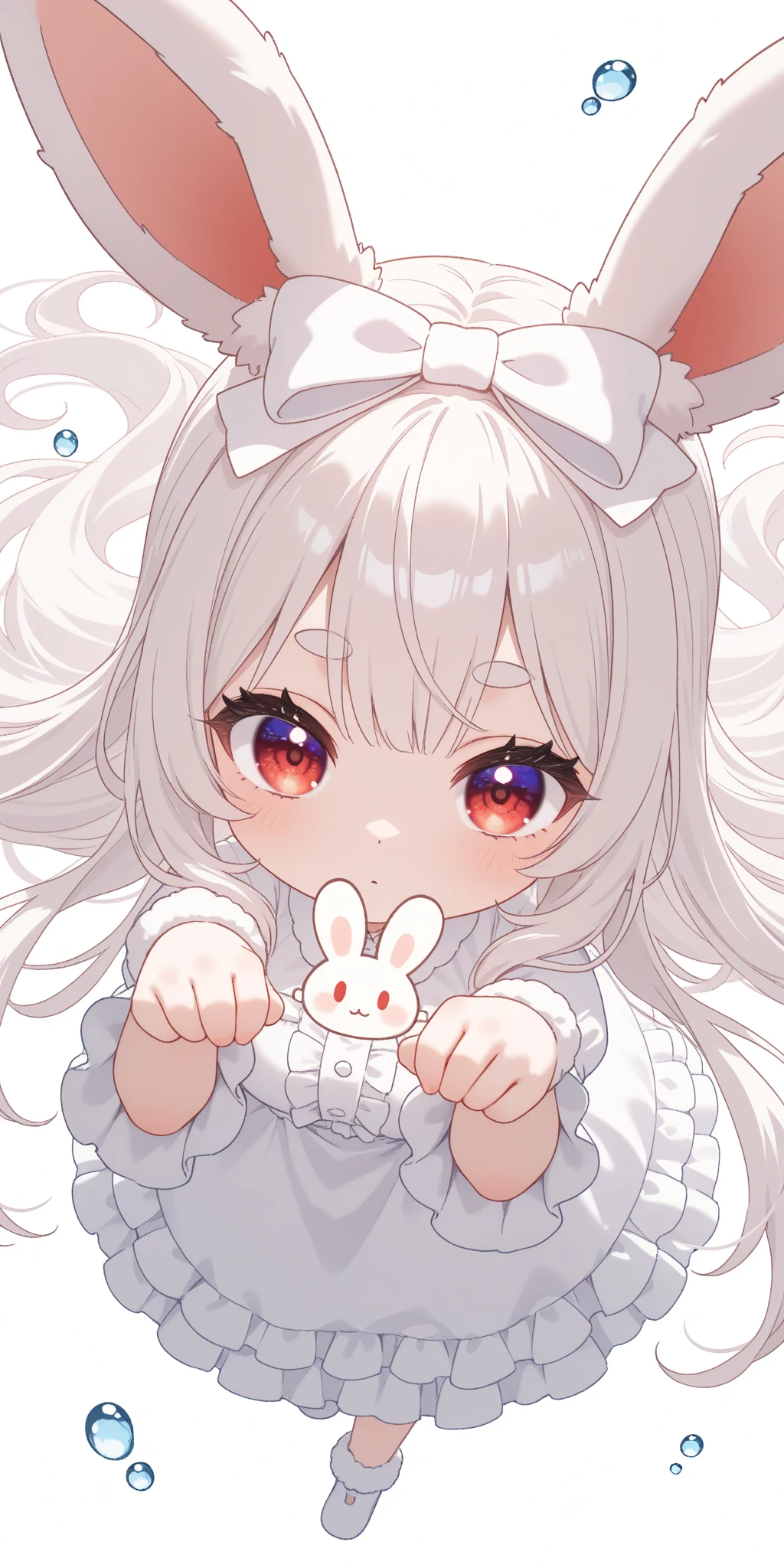 solo,1girl\((chibi:1.5),cute,kawaii,(white hair:1.4),(very long hair:1.6),bangs,(ear\(fluffy,white,rabbit-ear\):1.4),red eye,big eye,beautiful shiny eye,skin color white,big hairbow,(white frilled dress:1.3),breast,cute pose,cute hand sign\),background\(some roses,beautiful water drops,cute fairy tale atmosphere,((beautiful sunny day))\),(alice in wonderland style:0.5),,close-up girl,dynamic angle,3d,(((dynamic pose))),from above,masterpiece,best quality,newest,