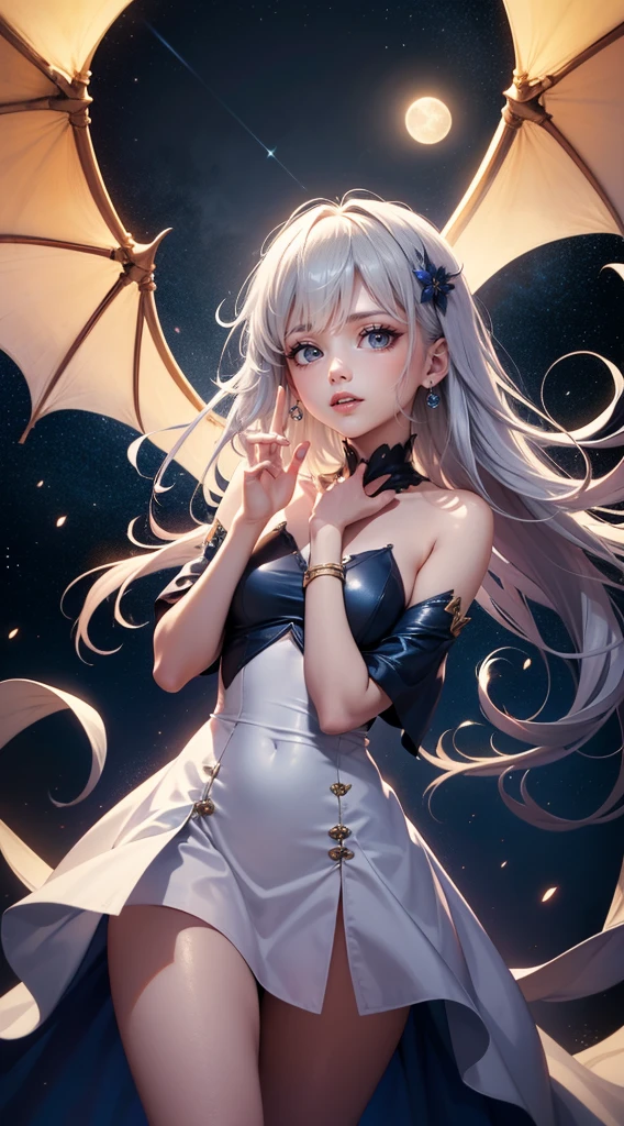  masterpiece,  best quality, ultra-detallado,  CG Unity 8k background
Young girl  (The moon),  looking directly at the camera ,  with shiny silver hair , as if it were moonlight ,  floating softly around her face . Her soft face reflects a kind and curious expression ,  showing her determination to find her friend Estelita .
 She wears an ethereal dress in shades of white , silver and blue ,  as a mixture of moonlight and moonlight starry sky .  Her dress has details of golden stars and small moons that shine softly .
 On her left wrist ,  she wears a small golden star ,  as an amulet for your mission .
 arms extended forward,  as if she were guiding Estelita back or searching the vast sky .  in the background ,  you can see a starry sky with soft clouds and a galactic dragon flying on the horizon,  with details of playful comets moving around .
 Serene and hopeful expression ,  with eyes as bright as stars ,  reflecting her mission to find her friend .  The heavenly atmosphere is full of bright stars and a touch of magic .
digital painting style ,  with soft and luminous colors ,  highlighting the soft light of the Moon and the stars .  The background has magical details ,  like soft nebulae and floating lights ,  creating an atmosphere of peace and cosmic friendship .