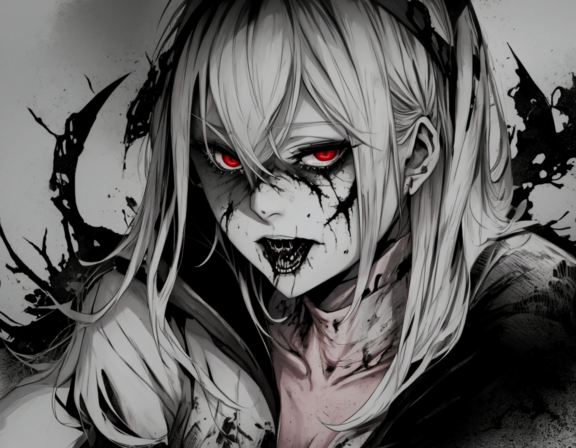 ((best quality)), ((masterpiece)), (detailed), ((portrait)), 1girl, drow, dark makeup,(black dress), briar, (night), ((pale skin)), sharp teeth, ((small breasts)), (solo), (crazy eyes), white hair, angry, blood, evil, frills,