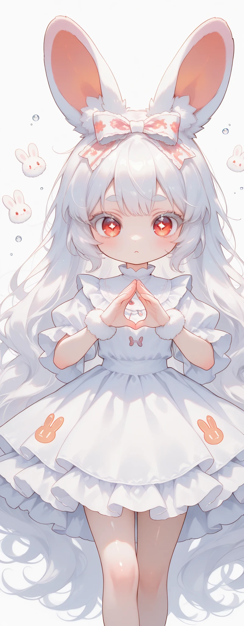 (solo:1.2),1girl\(chibi,cute,kawaii,(white hair:1.4),(very long hair:1.6),bangs,(ear\(fluffy,white,rabbit-ear\):1.4),red eye,big eye,beautiful shiny eye,detailed pupils,(skin color white), printed big (black) hairbow,(cute, delicate, white, frilled, silky, shiny, dress:1.3),breast,cute pose,cute hand sign,korean idol pose,(cute symbol mark in eye),wrist fur,shiny skin,shiny hair\),colorful roses,beautiful water splash,beautiful detailed background,close-up girl,3d,(((dynamic pose))),masterpiece,best quality,newest,dynamic angle