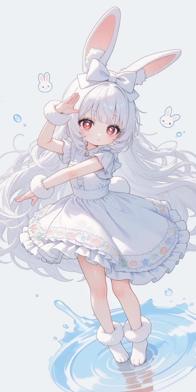 (solo:1.2),1girl\(chibi,cute,kawaii,(white hair:1.4),(very long hair:1.6),bangs,(ear\(fluffy,white,rabbit-ear\):1.4),red eye,big eye,beautiful shiny eye,detailed pupils,skin color white,big black hairbow\(with print\),(cute white frilled silky dress:1.3),breast,cute pose,cute hand sign,korean idol pose,(cute symbol mark in eye),wrist fur,rabbit-tail,shiny skin,shiny hair,full body,1r1d3sc3nc3\),colorful roses bloom, beautiful water splash,beautiful day,fairy tale atmosphere,close-up girl,3d,(((dynamic pose))),masterpiece,best quality,newest,dynamic angle