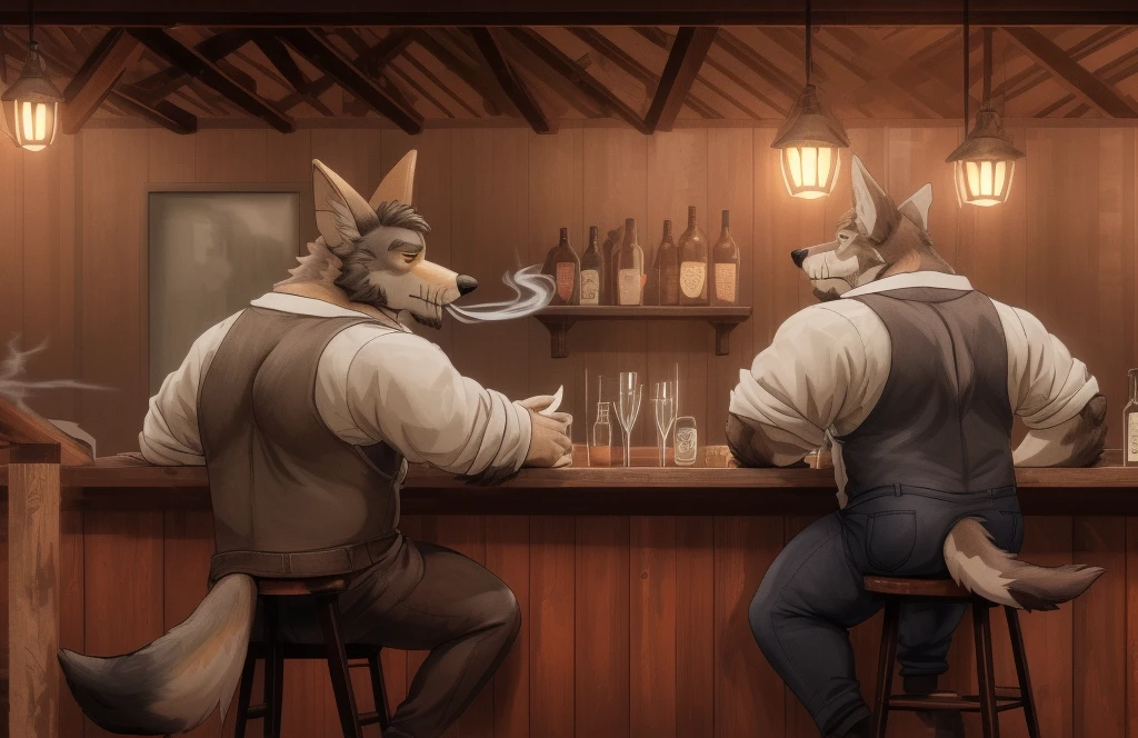 a rugged, muscular coyote in a bar set up in an old abandoned barn,  the coyote's back is to the counter, the coyote is leaning back on with his elbows on the counter, a marble fox bartender pours drinks, various anthropomorphic patrons are drinking and socializing, warm lighting, smoky hazy atmosphere, rowdy atmosphere, (best quality,4k,8k,highres,masterpiece:1.2), high quality anime drawing, ,interior,bar,bartender,patrons,drinking,socializing,old barn,warm lighting,smoke,haze,rowdy atmosphere