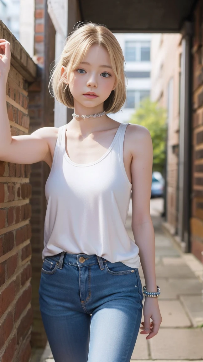 Platinum Blonde Straight Hair、Cropped tank top、a miniskirt、h、bright expression、thighs thighs thighs thighs、Young shiny shiny white shiny skin、Best Looks、shiny light hair、a small face、Cute 18 year old Eastern European girl