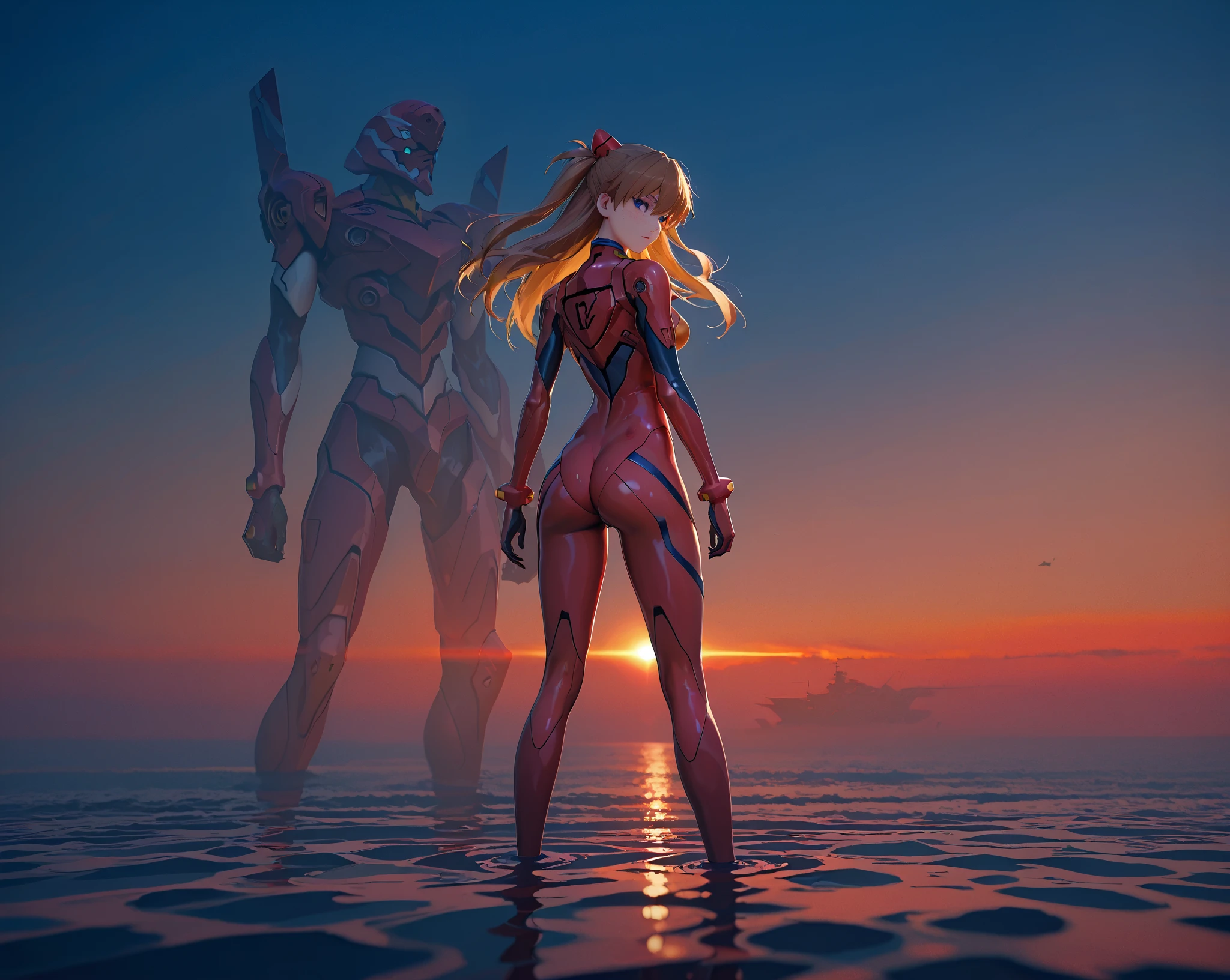 ( very detailed CG unity 8k wallpaper,masterpiece, standing  best quality, ultra-detailed),3d,a beautiful female model, transparent red bodysuit, slowly fading away, detailed face, beautiful eyes, full lips, long lashes, flowing hair, elegant pose, Under an blue sky , by the sea,  Orange Hair , dramatic lighting, ethereal, Surreal, dreamlike, mist, Fog, shimmer, glowing, 8k, high-quality, cinematic, masterpiece,1girl, full body, back view, looking at viewer, ass,heavy bodyarmor,shirogane, souryuu asuka langley, brown hair, two side up, bangs, freckles, long hair, blue eyes, red sea, Eva-02 in the background, red water, partially submerged,knees in water, waterline,bodysuit, pilot suit, plugsuit, red bodysuit, interface headset,
