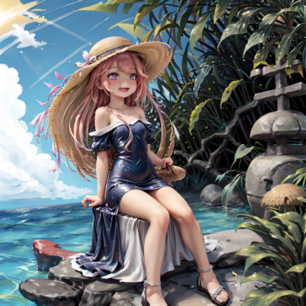 (masterpiece), (best quality), (ultra-detailed), photorealistic, (best illustration), (an extremely delicate and beautiful), 1girl, (goya:1.22),  solo, cowboy shot, finely detailed iris, short hair, radiant summer beach, sunlight, diffraction spikes, small breasts, pink eyes, sundress, sandals, :d, straw hat, long dress, sitting,