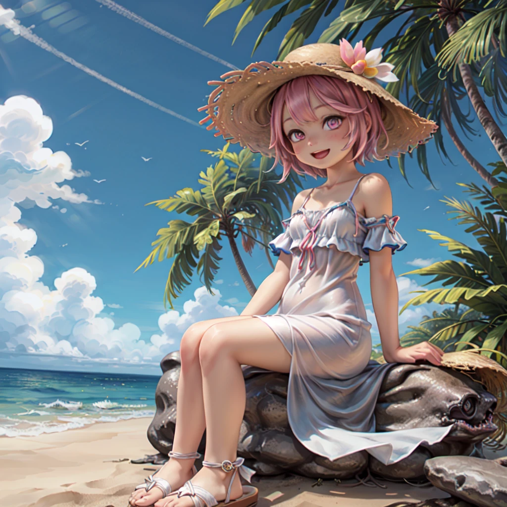 (masterpiece), (best quality), (ultra-detailed), photorealistic, (best illustration), (an extremely delicate and beautiful), 1girl, (goya:1.22), solo, cowboy shot, finely detailed iris, short hair, radiant summer beach, sunlight, diffraction spikes, small breasts, pink eyes, sundress, sandals, :d, straw hat, long dress, sitting,
