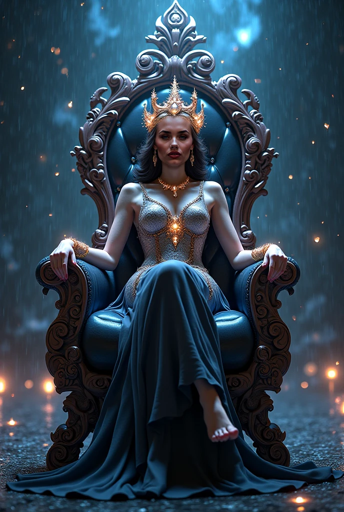 a Full body photo of a beautiful queen with black hair sitting a blue throne, 8k intricate, elegant, highly detailed, majestic, digital photography, art by Artgerm and Ruan Jia and Greg Rutkowski Surreal painting of filigree blue butterfly, broken glass (masterpiece, side lighting, beautiful finely detailed eyes: 1.2 ), hdr