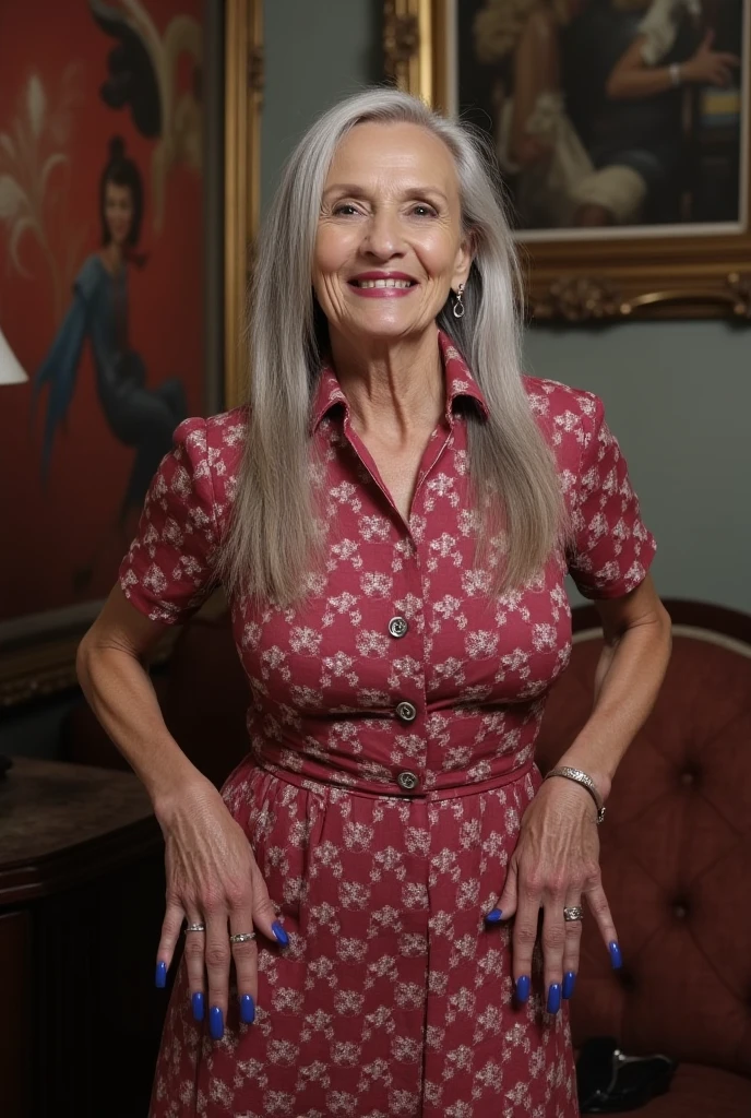 A real photograph of a stunningly beautiful elderly++++ grandmother with a very thin body and huge monstrous tits. Her fingernails are perfectly manicured and rounded and painted blue. The fingers and fingernails are perfectly shaped. She has a radiant and beautiful smile as she looks through the camera while standing in the living room. She is wearing a collard short sleeve flared skirt shirtwaist print dress. She has long greying hair and is standing with both hands on her hips with her fingernails visible. The background is complex. Her fingernails are super long.