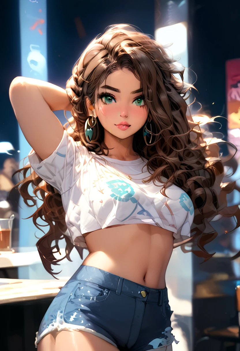 1girl, dark_wavy_hair_in_loose_curls, piercing_green_eyes, caramel_skin, athletic_and_curvaceous_build, crop_top, neon_logo_on_croptop, high-waisted_shorts, chunky_hoop_earrings, club_background, bold_and_dynamic_pose, masterpiece, 4K, close_up