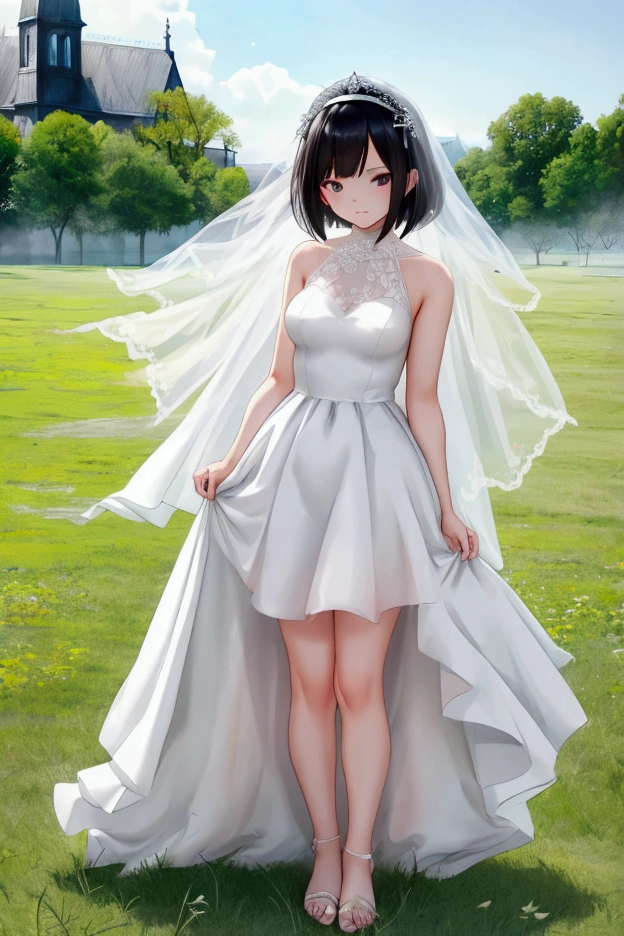 pure、Beautiful Bride、 black hair、 Pure White Wedding Dress 、Veil、 short bob 、 I'm ashamed、 is standing、 、 pussy 、Beautiful breasts、 beautiful feet、Church spire、field、Strong winds