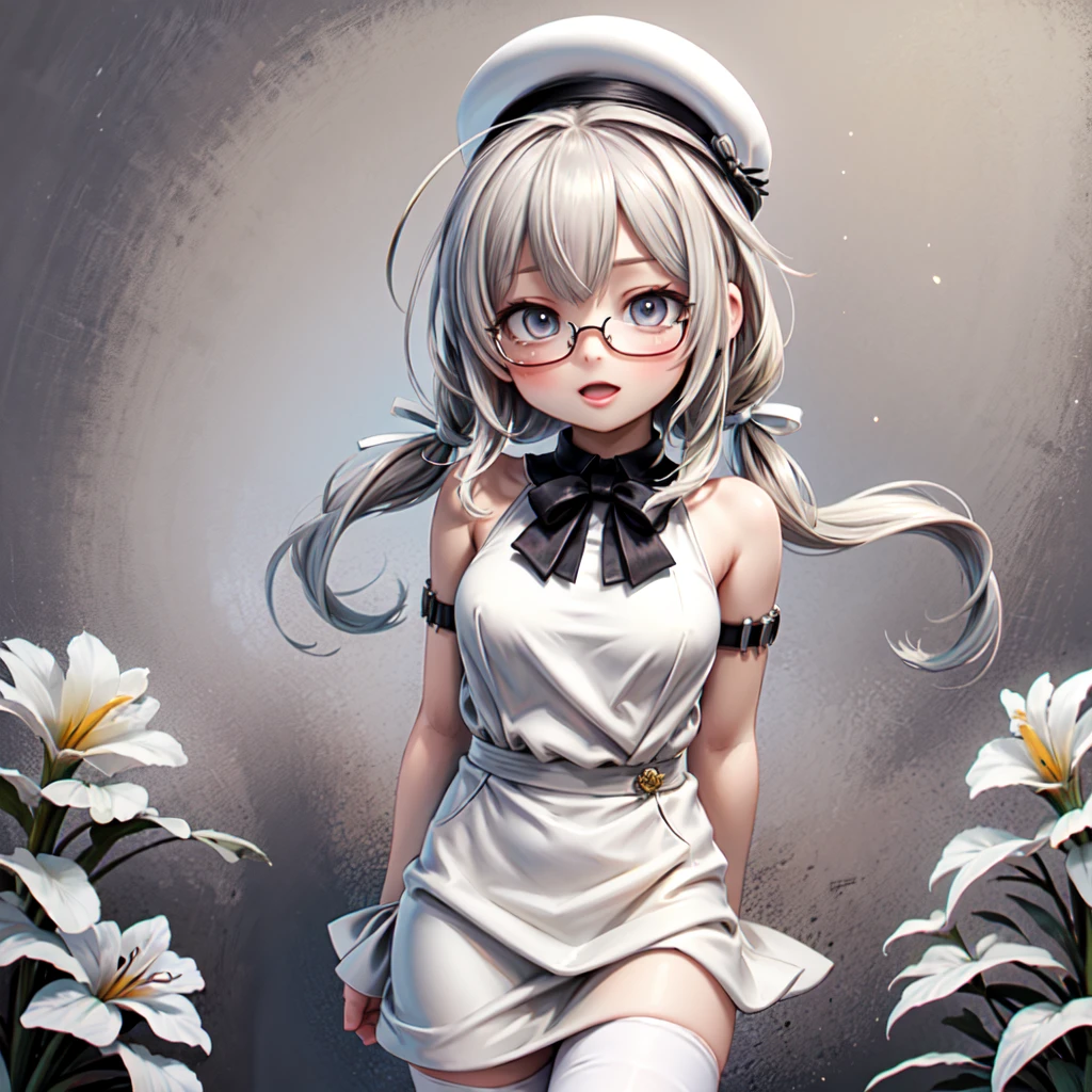 (masterpiece), (best quality), (ultra-detailed), photorealistic, (best illustration), (an extremely delicate and beautiful), 1girl, (hachi:1.1), solo, finely detailed iris, sundress, white thighhighs, (white headwear), (glasses), smile, sunlight, diffraction spikes, ahoge, large breasts, hair ribbon, white ribbon, low twintails, long hair, :o, blush, (aqua eyes:0.6), cowboy shot
