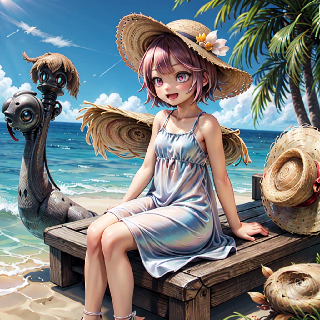 (masterpiece), (best quality), (ultra-detailed), photorealistic, (best illustration), (an extremely delicate and beautiful), 1girl, (goya:1.22), solo, cowboy shot, finely detailed iris, short hair, radiant summer beach, sunlight, diffraction spikes, small breasts, pink eyes, sundress, sandals, :d, straw hat, long dress, sitting,
