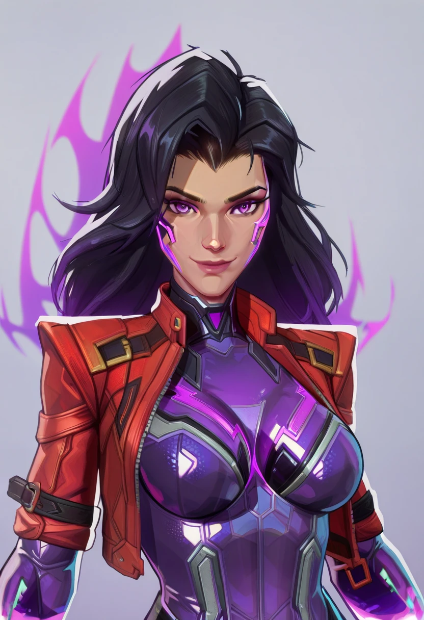 r1vals, 1girl, solo, black hair with purple gradient, purple latex suit, red jacket, smile, simple background, grey background, looking at viewer, upper body, long hair, breasts, bare fingers, lips, latex purple suit, energy purple eyes