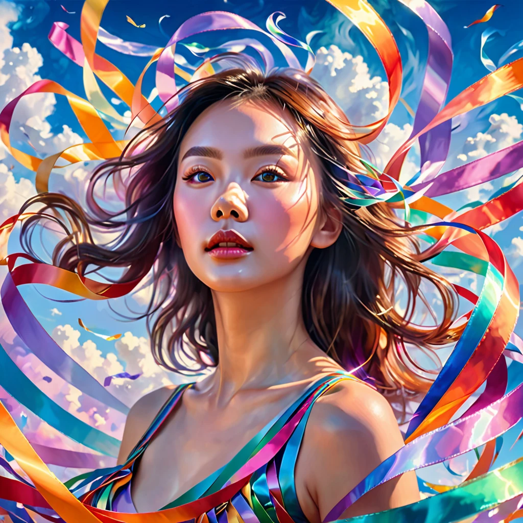 _james jean, floating female figure made of ribbons, smoke, in the sky, colorful and vibrant, mystical colors, contemporary impressionism, yanjun cheng portrait painting, iridescent painting, 3/4 perspective view, cute face, low angle, sweeping circling composition, large beautiful crystal eyes, big irises, UHD, HDR, 8K, (Masterpiece:1. 5), (the most beautiful portrait in the world:1.5)