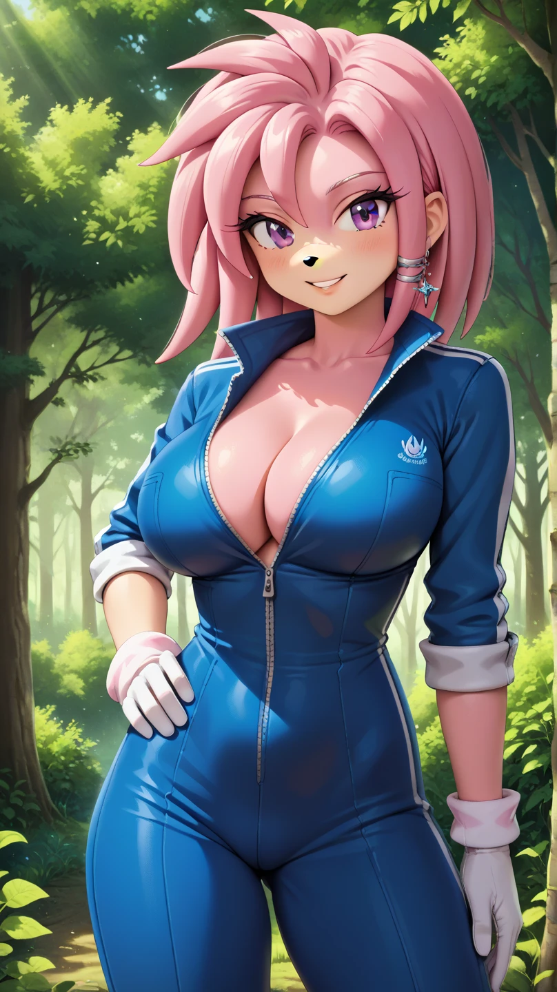 Julie-su The Echinda form sonic the hedgehog (series), (pink body/fur), (pink hair), (backround: forest), (detailed backround), (masterpiece), (high details), (facing the viewer:1.3), (looking at the viewer:1.3), (purple eyes), (large breasts:1.2),,purple IncursioDipDyedHair,   blue jumpsuit, white gloves