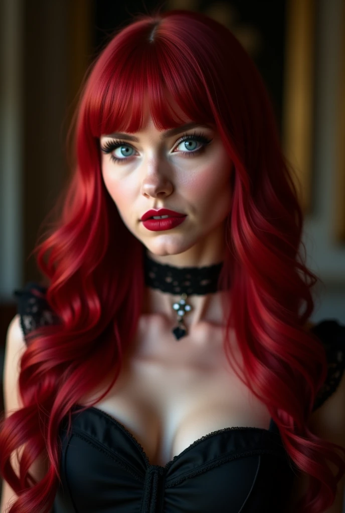 a woman, white skin, brown eyes, red curly hair, round face, Wearing a spaghetti strap top, red lips, alternative style, in a gothic room.