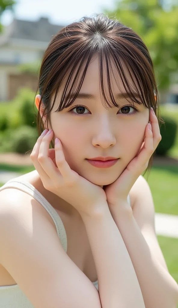 (( extremely precise and accurate anatomy :1.0)), (photo  realistic:1.4), (hyper  realistic:1.4), (最高品質の realisticな肌の質感:1.4), (Improved quality:1.4), (  enhances the beauty of the skin texture where the head and navel are visible :1.1), Clean, glowing skin, mesh, thin:1.2, ( realistic:1.3),  realisticなライティング, (  Smoother Lighting  :1.05), ( Improve the quality of film lighting in a beautiful park with fresh greenery in the background:0.9), Backlight, A gentle light for your face,  ray tracing , ( bright light:1.2), 32K, Japanese woman alone, fine grain,  detailed face , ( film grain:1.1),( body line:1.1),  high res,  Natural Look , Kind eyes, Improves hair quality, Delicate light and dark , Transparent muscles,  Graceful Posture,  beautiful eyes, Sharp details,  soft light reflection,  beautiful outline,  Delicate Skin Color , Thin hair , a picture of a cute Japanese woman,  little woman , 20 years old,  beautiful perfect face,  brown,  beautiful faces,  (photo  realistic:1.4), (hyper  realistic:1.4), ( realistic:1.3),
(  Smoother Lighting  :1.05), ( Improve the quality of film lighting in a beautiful park with fresh greenery in the background:0.9), 32K,  1 girl,20 years oldの女の子,  realistic lighting, Backlight,  light hits your face,  ray tracing , ( bright light:1.2), (Improved quality:1.4),
(Highest quality  realistic textured skin:1.4), fine grain,  detailed face ,(tired, Sleepy and happy), (smile:1.0), ( body line:1.1), (  enhances the beauty of the skin texture where the head and navel are visible :1.1)
 