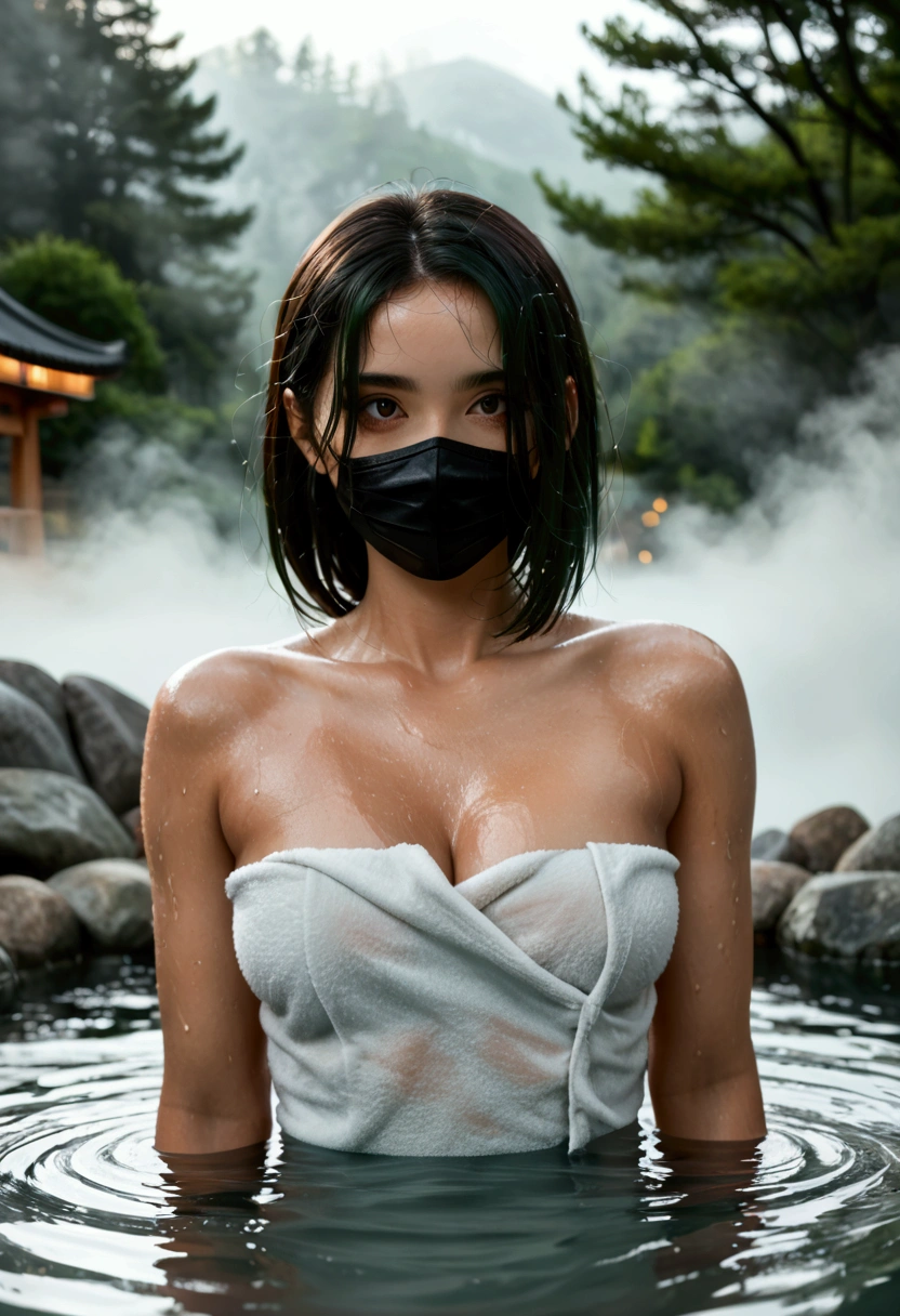 最high quality、high quality、best image quality、8K、最High resolution、High resolution、最high quality、masterpiece、RAW photo、full body photo、realistic atmosphere、(detailed face)、(fine hands、thumb1reference4)、(beauty of japan )、very nice face、cute face、((beautiful japanese girl))、(japanese woman), ((18 year old beautiful girl))、(glossy black hair)、(straight long hair)、(ponytail)、slim style、(shiny skin)、(Fair skin, Glossy skin)、real human skin、realistic human body structure、perfect body, perfect face, perfect hands, perfect fingers, perfect lips, perfect eyes,perfect teeth、perfect background, perfect atmosphere,The shape of the nipple is clearly visible、The shape of the pubic area is clearly visible、professional lighting、the only national costume、japanese traditional、(kunoichi kimono)、In front of samurai residence、((See-through(crop top black short sleeve kimono、rectangular black loincloth、black mouth mask))、((walking on water))、((Many Nishikigoi in the water(Nishikigoi can be seen from the water surface))、highly transparent water