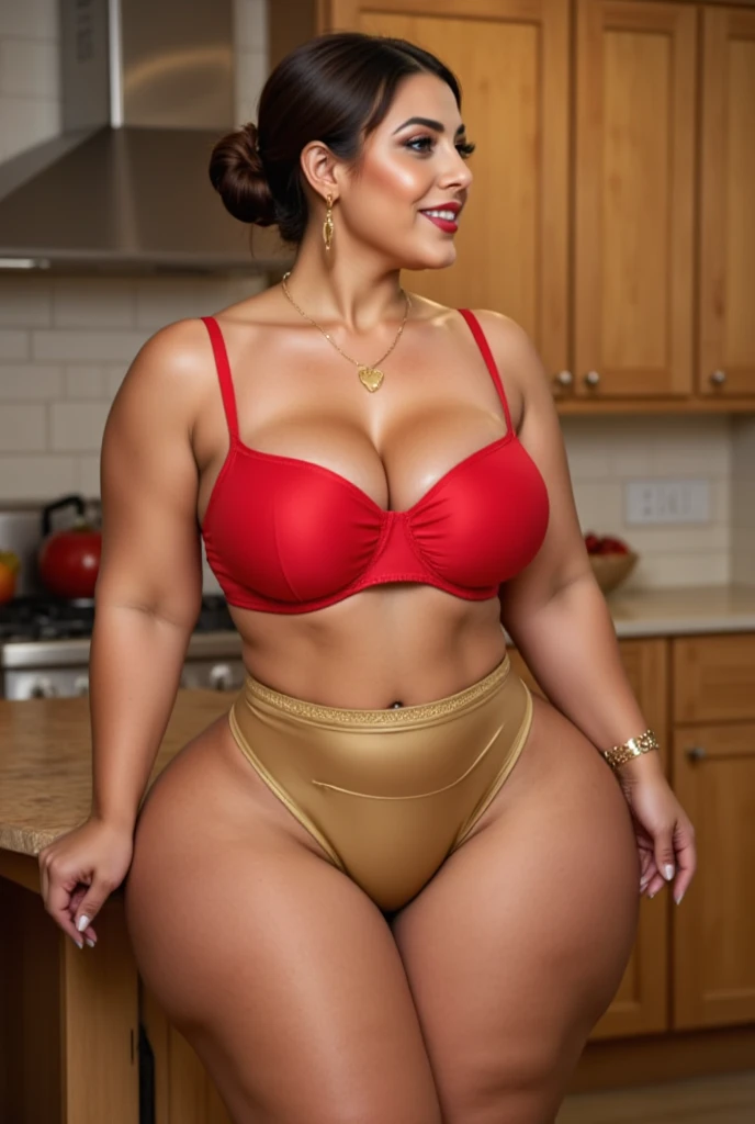  Realistic HD photo of voluptuous Desi mature Indian aunty with brown skin ,  wearing bright red silk bra ,  with very deep neckline and shiny and reflective transparent gold panties  ,  showing her large neckline and navel , projection of the nipples over the blouse ,Sindoor red on the forehead ,  messy hair , beautiful curves,  standing in a beautiful kitchen , red lips, big boobs, huge chest,  big ass, huge ass,  big thighs, big ass,  full body image , side view of women

Her hair is tightly tied in a bun .  She wears accessories with simple gold jewelry ,  including a gold chain with a heart-shaped pendant and matching earrings.