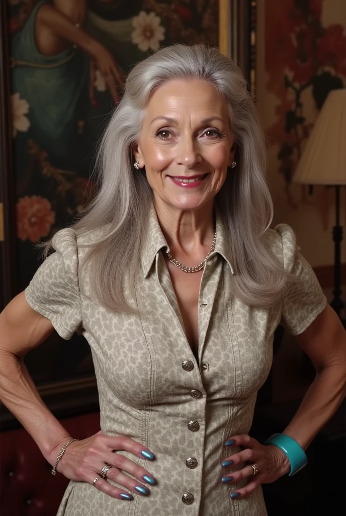 A real photograph of a stunningly beautiful elderly++++ grandmother with a very thin body and huge monstrous tits. Her fingernails are perfectly manicured and rounded and painted blue. The fingers and fingernails are perfectly shaped. She has a radiant and beautiful smile as she looks through the camera while standing in the living room. She is wearing a collard short sleeve flared skirt shirtwaist print dress. She has long greying hair and is standing with both hands on her hips with her fingernails visible. The background is complex. Her fingernails are super long.