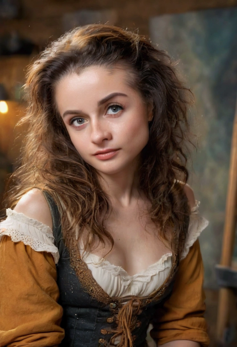 A beautiful young woman, solo, with a cowboy-inspired outfit, messy hair, a confused and slightly embarrassed expression, flat chest, (best quality,4k,8k,highres,masterpiece:1.2),ultra-detailed,(realistic,photorealistic,photo-realistic:1.37),HDR,UHD,studio lighting,ultra-fine painting,sharp focus,physically-based rendering,extreme detail description,professional,vivid colors,bokeh,portrait