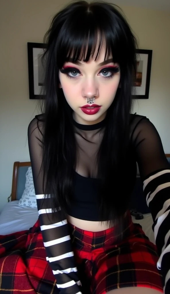 Sexy girl, emo, confused, slutty outfit, Sexy lingerie, gives a blowjob, On knees, First-person view, the man is not visible, sperm on lips and tongue