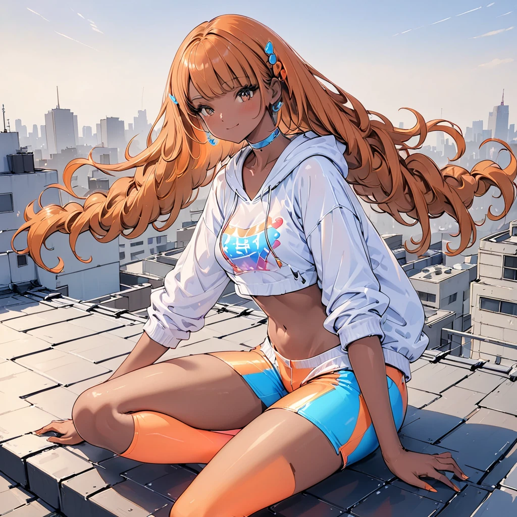 Neon orange hair, yellow eyes, tanned skin, Harajuku hoodie, sitting on rooftop, High Resolution, Masterpiece, Anatomically Correct, (medium tone skin), Long Hair, caramel toned skin, Parted Bangs, Curly Hair, Earrings, Neon orange curly hair, Closed Mouth, Smile, Blue eyes, Yellow Eyes, tanned skin, Out Of Frame, tanned skin, neon filter, (caramel toned skin:1.5), Parted Bangs, Neon orange hair, tanned skin, medium tone skin, colorful sports bra, colorful leggings