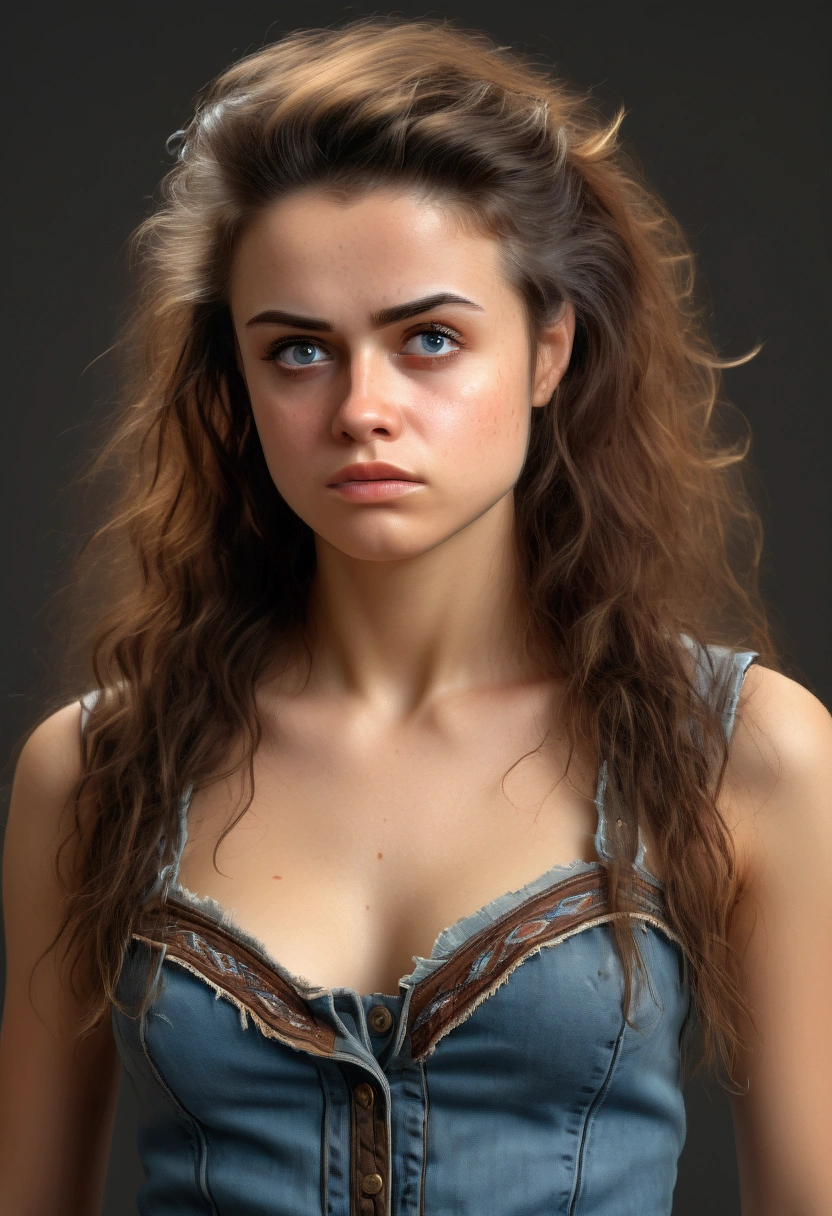 A beautiful young woman, solo, with a cowboy-inspired outfit, messy hair, a confused and slightly embarrassed expression, flat chest, (best quality,4k,8k,highres,masterpiece:1.2),ultra-detailed,(realistic,photorealistic,photo-realistic:1.37),HDR,UHD,studio lighting,ultra-fine painting,sharp focus,physically-based rendering,extreme detail description,professional,vivid colors,bokeh,portrait