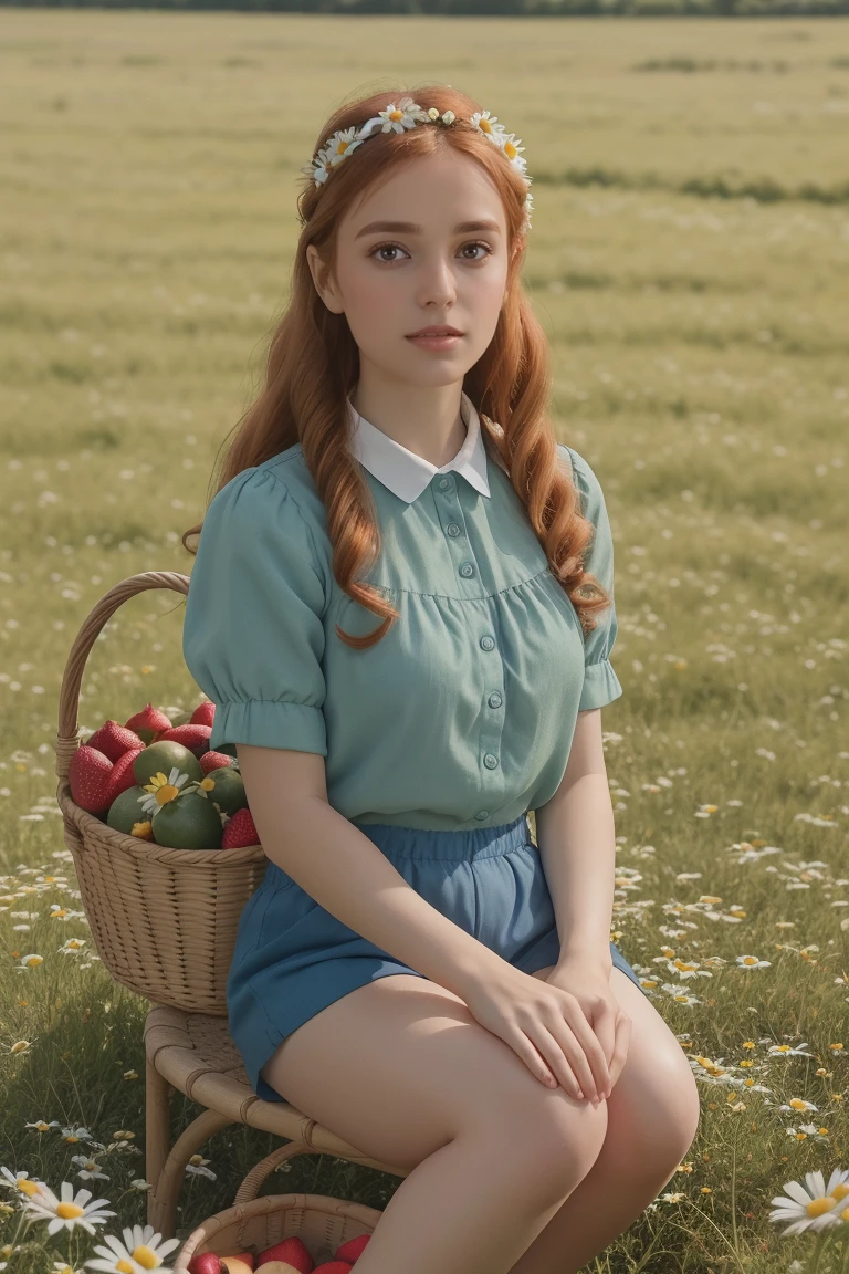 (girl:1.2), alone, ( long ginger curly hair :1.1), brown eyes,  wearing a daisy wreath on your head,  sitting in a daisy field , (fruit basket :1.1), Blue shorts ,  Red shirt  ,,Raw,picture,picture 그림자,Actual, ridiculous ,Aesthetic,
