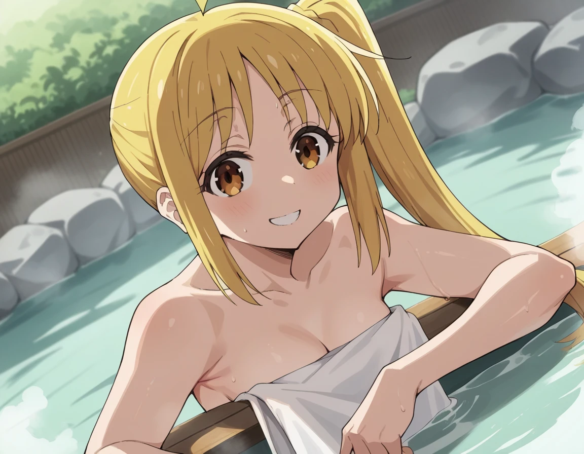 Outdoor,(night),Near hot springs,steam,Rika Jougasaki,Yellow and orange hair hoop, orgasm, blush,(naked),((Small breasts)),((1boy,ass pov,paizuri,breast squeeze,breast 1girl grab,)),View your viewers,Looking up,