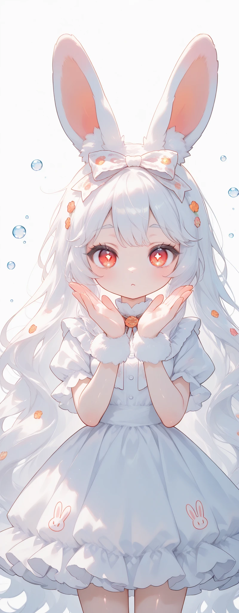 (solo:1.2),1girl\(chibi,cute,kawaii,(white hair:1.4),(very long hair:1.6),bangs,(ear\(fluffy,white,rabbit-ear\):1.4),red eye,big eye,beautiful shiny eye,detailed pupils,skin color white,big black hairbow\(with print\),(cute white frilled silky dress:1.3),breast,cute pose,cute hand sign,korean idol pose,(cute symbol mark in eye),wrist fur,rabbit-tail,shiny skin,shiny hair,full body,1r1d3sc3nc3, slightly (smile:0.5),looking away\),colorful roses petals, beautiful water drops,beautiful day,fairy tale atmosphere,close-up girl,3d,(((dynamic pose))),masterpiece,best quality,newest,dynamic angle