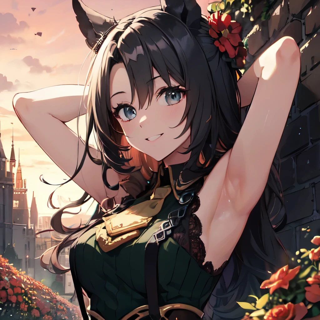 ((Solo)), (Staring at chest), Horse ears, Arms folded to show armpits, Armpit emphasis. Makeup, Smiling showing gums, ((Red flower bed)), (Red sky), Inside the castle walls, Wind blowing, Stereoscopic animation, UHD, Retina, Masterpiece, Accurate, Anatomically correct, Textured skin, Ultra detailed, High detail, High quality, Award winning, Best quality, High resolution, 16k,
