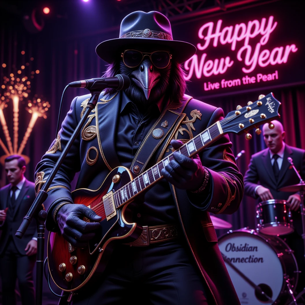 Muscular Anthropomorphic raven donned in intricate black suit with gold trim made of diamonds and a black diamond fedora. Diamonds cover his beak. Wears large sunglasses. Lead singer and electric guitar player of a jazz band at a high end jazz club. Uses a retro style microphone while playing his guitar. Behind the open air stage, fireworks burst. The words "Happy New Year MAB in a big neon sign, the words "Live From The Pearl" below in different colored neon letters. The base drum reads "Obsidian Rhythm Connection". Dynamic jazz band scene, dynamic pose, High Resolution, Masterpiece, Cinematic, Character Design, Hyperdetailed, Cinematography,  cinematic lighting, Depth Of Field, Sparkle, Ray Tracing, Image Fill, Dynamic Pose, old fashion microphone 