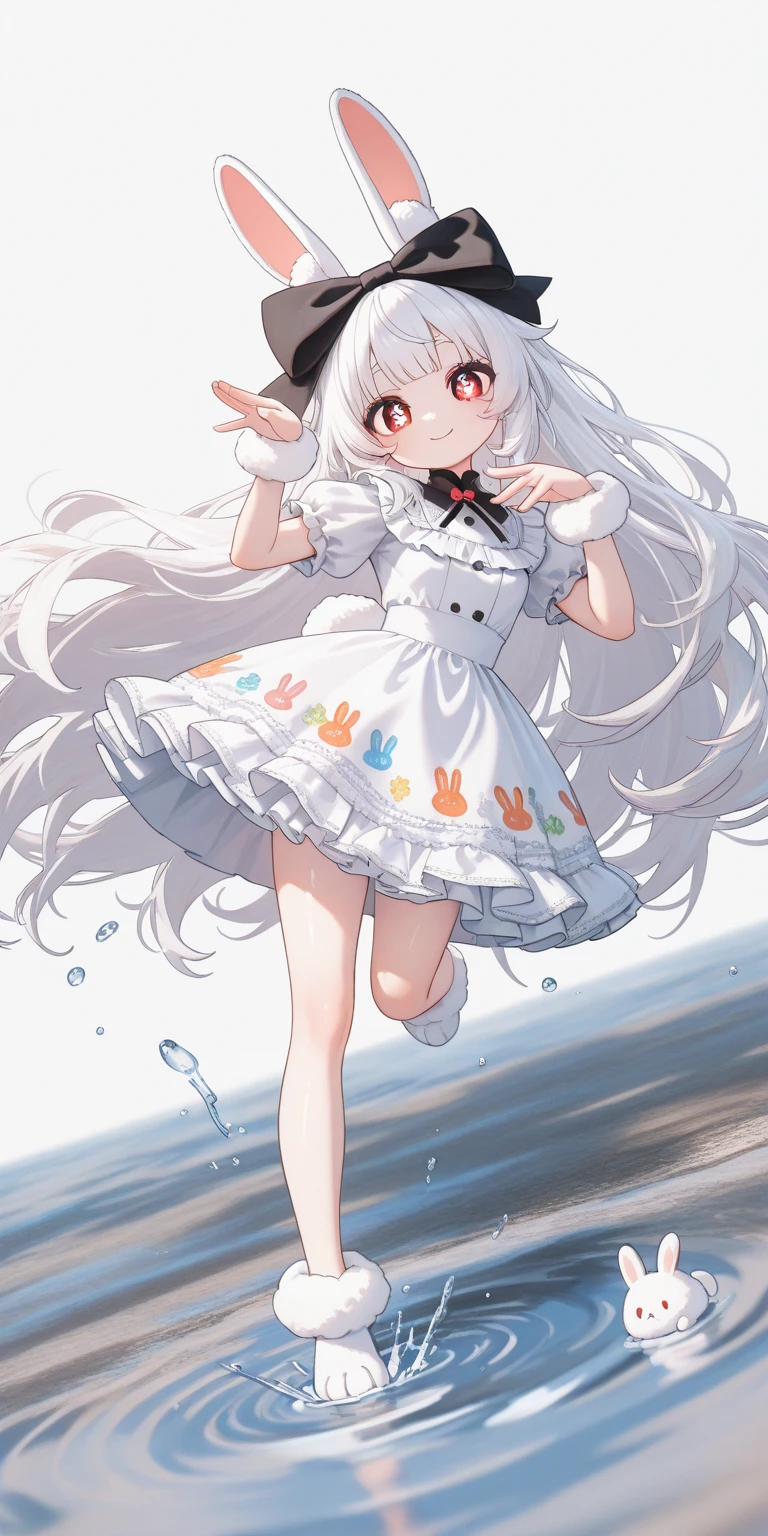 (solo:1.2),1girl\(chibi,cute,kawaii,(white hair:1.4),(very long hair:1.6),bangs,(ear\(fluffy,white,rabbit-ear\):1.4),red eye,big eye,beautiful shiny eye,detailed pupils,skin color white,big black hairbow\(with print\),(cute white frilled silky dress:1.3),breast,cute pose,cute hand sign,korean idol pose,(cute symbol mark in eye),wrist fur,rabbit-tail,shiny skin,shiny hair,full body,1r1d3sc3nc3,smile\),colorful roses bloom, beautiful water splash,beautiful day,fairy tale atmosphere,close-up girl,3d,(((dynamic pose))),masterpiece,best quality,newest,dynamic angle