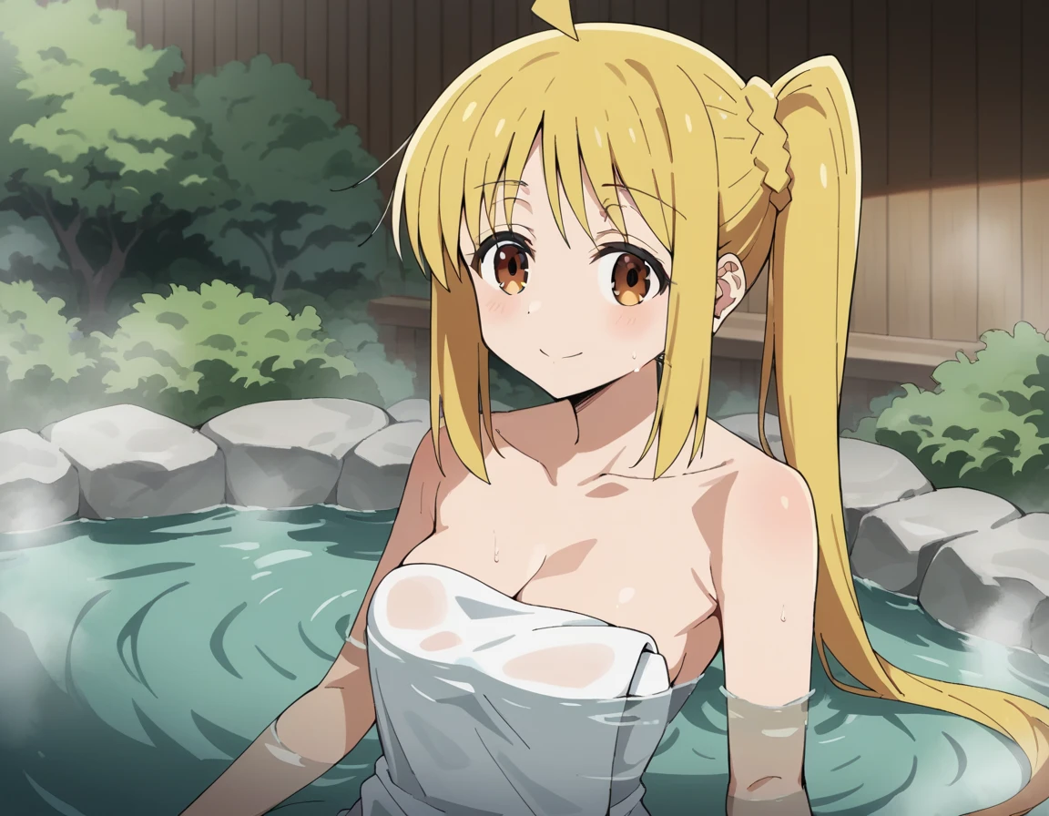 score_9, score_8_up, score_7_up, source_anime,
 nijikaijichi, nijika ijichi, ahoge, yellow hair, brown eyes, long hair, side ponytail,,

outdoors, onsen, towel, , steam, bathing, , partially submerged, water, bath, steam censor,
looking at viewer, cowboy shot, dutch angle, solo, light smile