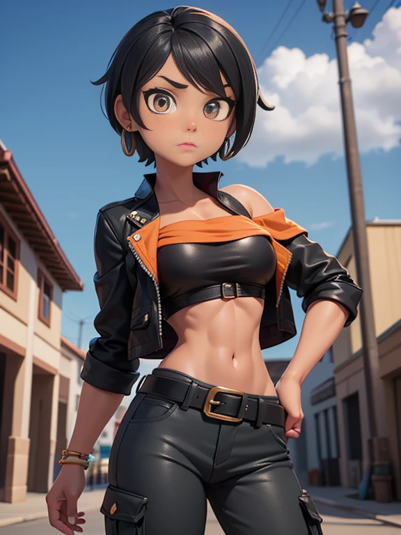 8K, (best quality, masterpiece:1.3), (detailed:1.2), 1girl, solo, 26 years old, tomboy, (shiny skin), midriff, (tan-bronze skin), (Yellow eyes), short brown hair, medium breasts, (Cleavage), (Wearing: blue jacket, choker, Strapless black top, Belt, Black shiny leather pants), tight fitting clothing, piercings, toned, hourglass figure, athletic, snarky expression, wide smile, (agile physique:1.1), (Character Focus),Perfect Anatomy, Looking at Viewer