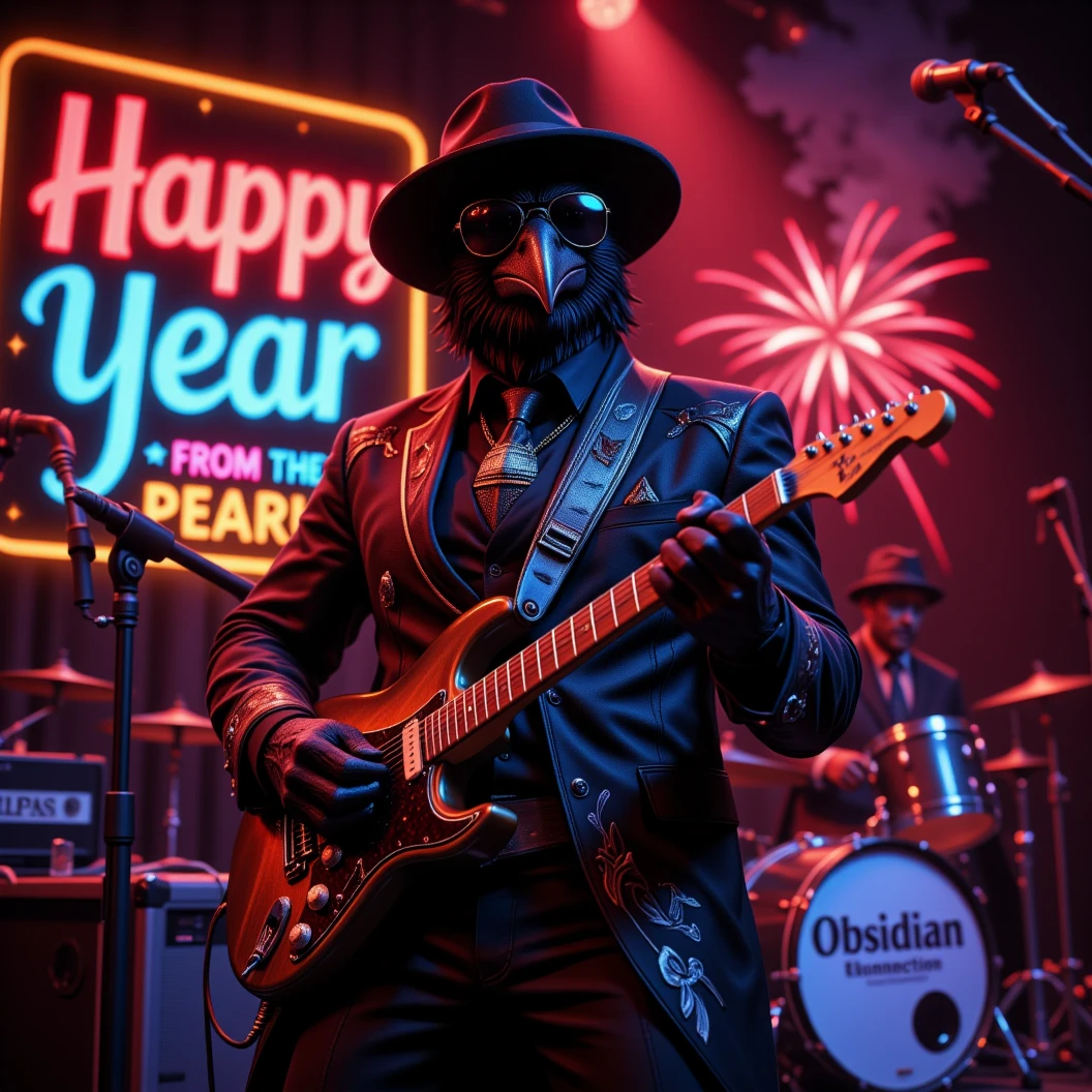 Muscular Anthropomorphic raven donned in intricate black suit with gold trim made of diamonds and a black diamond fedora. Diamonds cover his beak. Wears large sunglasses. Lead singer and electric guitar player of a jazz band at a high end jazz club. Uses a retro style microphone while playing his guitar. Behind the open air stage, fireworks burst. The words "Happy New Year MAB in a big neon sign, the words "Live From The Pearl" below in different colored neon letters. The base drum reads "Obsidian Rhythm Connection". Dynamic jazz band scene, dynamic pose, High Resolution, Masterpiece, Cinematic, Character Design, Hyperdetailed, Cinematography,  cinematic lighting, Depth Of Field, Sparkle, Ray Tracing, Image Fill, Dynamic Pose, old fashion microphone 