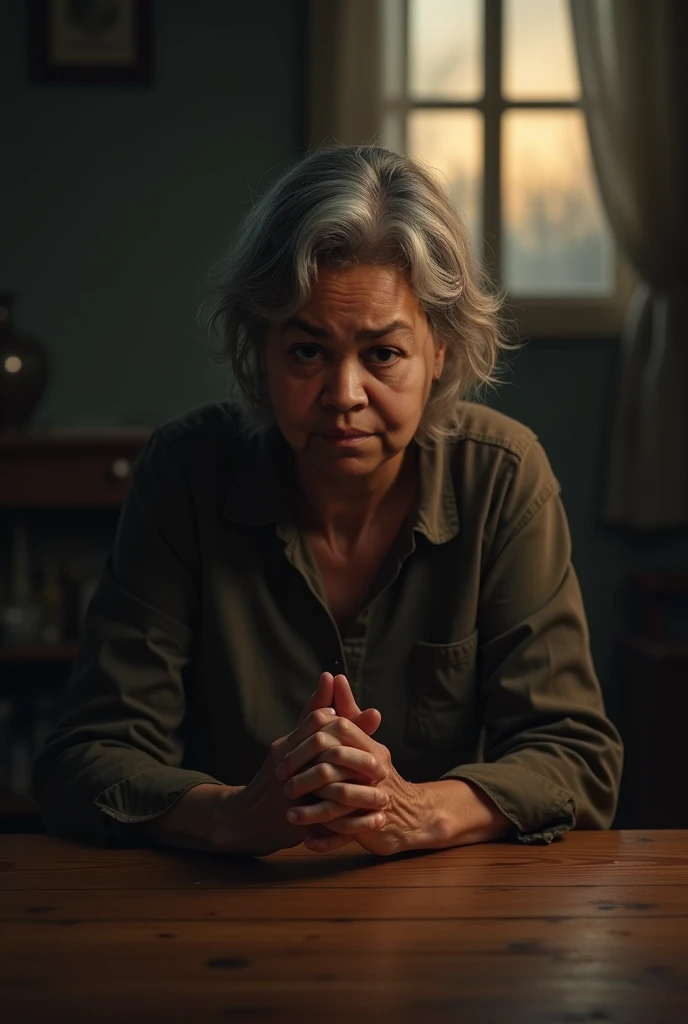 A middle-aged woman with graying hair and a tired face, kneeling at a simple wooden table in a room lit by the evening light. Her hands clasped in prayer, her expression hopeful and worried.