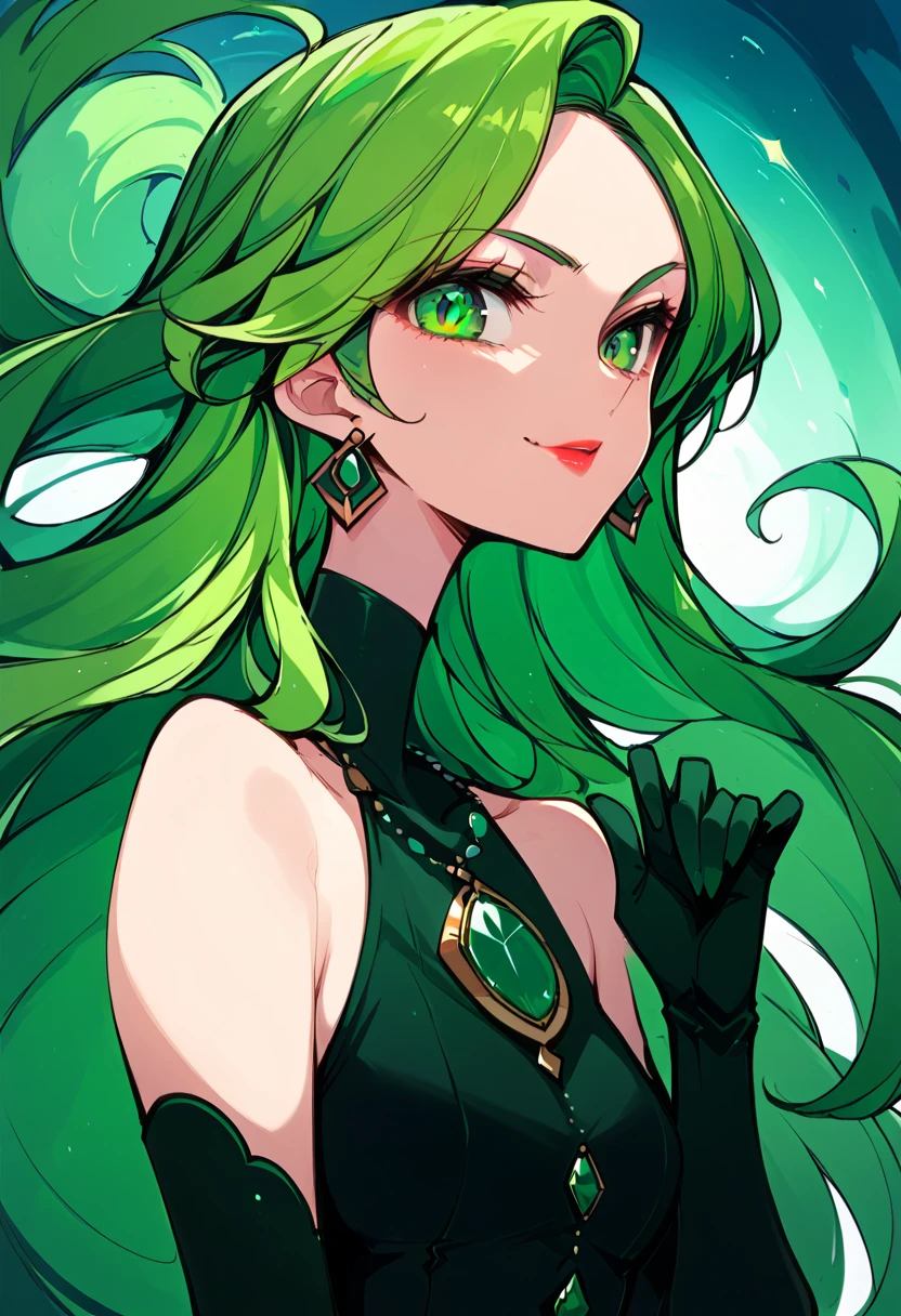 1 girl, cute face, green hair, very long hair, wavy hair, alone, gloves, red lipstick, makeup, elbow-length gloves, eye shadow, bare shoulders, black dress, gem necklace,black crystal earrings, mist background,evil smirk,Shaded face(eyes in shadow),villan pose,