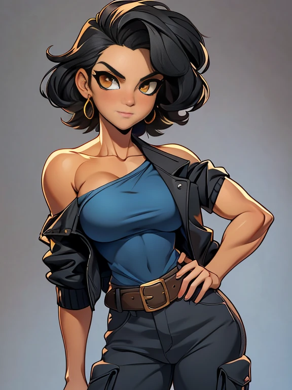 (masterpiece, best quality:1.1576), (ultra-detailed:1.1025), (cinematic lighting, illustration:1.05, beautiful detailed eyes, 1girl:1.05), Filipino girl, 24-years-old, strong muscles, short hair, blue crop top, high waisted shorts, smile, summer, village, hands at hips