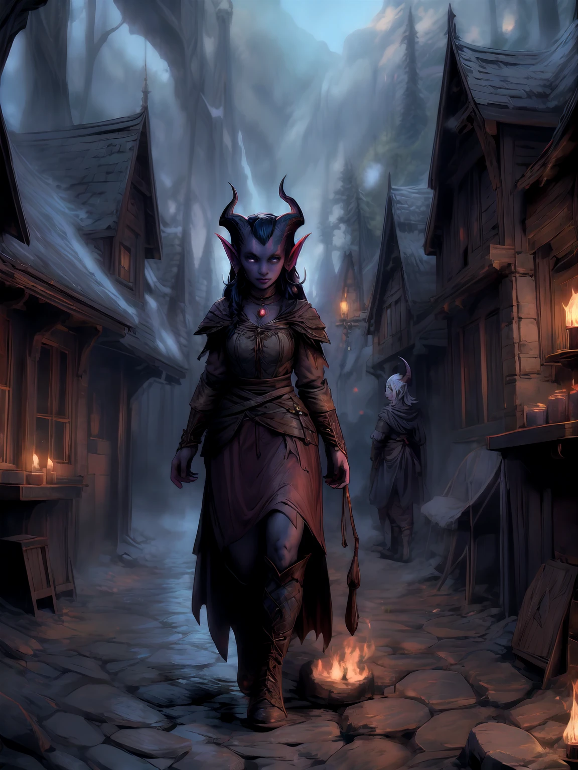 (( A tiefling)),   full-length portrait , (slender tall graceful  ) score_9, score_8_up, score_7_up, А A tiefling,  pointy ears , (( very small tiny horns )), ((Black hair up to the neck )) .   1girl, Fantasy background , blurred background.  full-length portrait .   medieval clothing .  adventurers with forest and clouds in the background