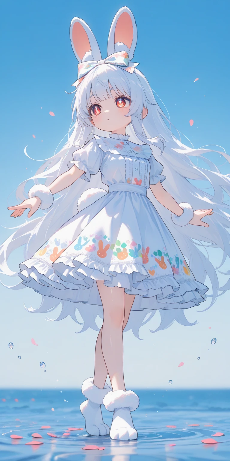 (solo:1.2),1girl\(chibi,cute,kawaii,(white hair:1.4),(very long hair:1.6),bangs,(ear\(fluffy,white,rabbit-ear\):1.4),red eye,big eye,beautiful shiny eye,detailed pupils,skin color white,big black hairbow\(with print\),(cute white frilled silky dress:1.3),breast,cute pose,cute hand sign,korean idol pose,(cute symbol mark in eye),wrist fur,rabbit-tail,shiny skin,shiny hair,full body,1r1d3sc3nc3, slightly (smile:0.5),looking away\),colorful roses petals, beautiful water drops,beautiful day,fairy tale atmosphere,close-up girl,3d,(((dynamic pose))),masterpiece,best quality,newest,dynamic angle