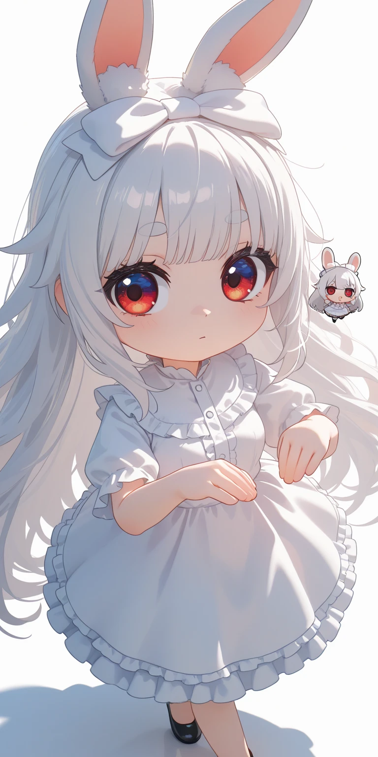 solo,1girl\((chibi:1.5),cute,kawaii,(white hair:1.4),(very long hair:1.6),bangs,(ear\(fluffy,white,rabbit-ear\):1.4),red eye,big eye,beautiful shiny eye,skin color white,big hairbow,(white frilled dress:1.3),breast,cute pose,cute hand sign,looking away,dancing, performancing\),background\(some roses,by the beautiful lake,((beautiful sunny day))\),,close-up girl,dynamic angle,3d,(((dynamic pose))),from above,masterpiece,best quality,newest,