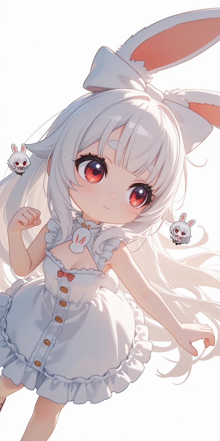 solo,1girl\((chibi:1.5),cute,kawaii,(white hair:1.4),(very long hair:1.6),bangs,(ear\(fluffy,white,rabbit-ear\):1.4),red eye,big eye,beautiful shiny eye,skin color white,big hairbow,(white frilled dress:1.3),breast,cute pose,cute hand sign,looking away,dancing, performancing\),background\(some roses,by the beautiful lake,((beautiful sunny day))\),,close-up girl,dynamic angle,3d,(((dynamic pose))),from above,masterpiece,best quality,newest,