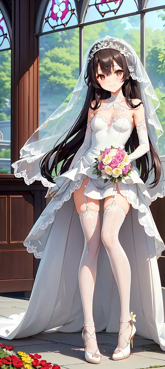 (The wonderful and exquisite Suo Yuki)、 beautiful brown eyes drawn in detail、 Long Dark Brown Hair 、 one girl、 Extremely Delicate 、Straight face、 incomparably beautiful girl with excellent estimates、 soft、(Functional)、(Naughty)、(Cute)、Delicate face、Bright lips, A shy and lewd smile、（Transparent Veil）、(( White See-through Strapless Wedding Dress with Luxurious Lace Embroidery))、  The shape of an erect nipple stands out、((Pure white gloves))、(((I have a bouquet of bridal dresses)))、 WHITE PANTY WITH LUXURIOUS LACE EMBROIDERY、 ( high heels)、 ( small butt)、(Big Breasts)、(((Baby Face:1.15)))、((( slim figure)))、((( very thin and beautiful thighs)))、( very thin and beautiful waist )、(Long, slender legs)、((( flower garden where you can see a small church with colorful flowers)))、4K、Super high resolution、(masterpiece,  best quality)、( beautiful finely drawn eyes )、( beautiful detailed face)、 shortness of breath、 excited expression、Estrus season、Stroll through the flower garden 、 composition from the front、 full body portrait from head to toe