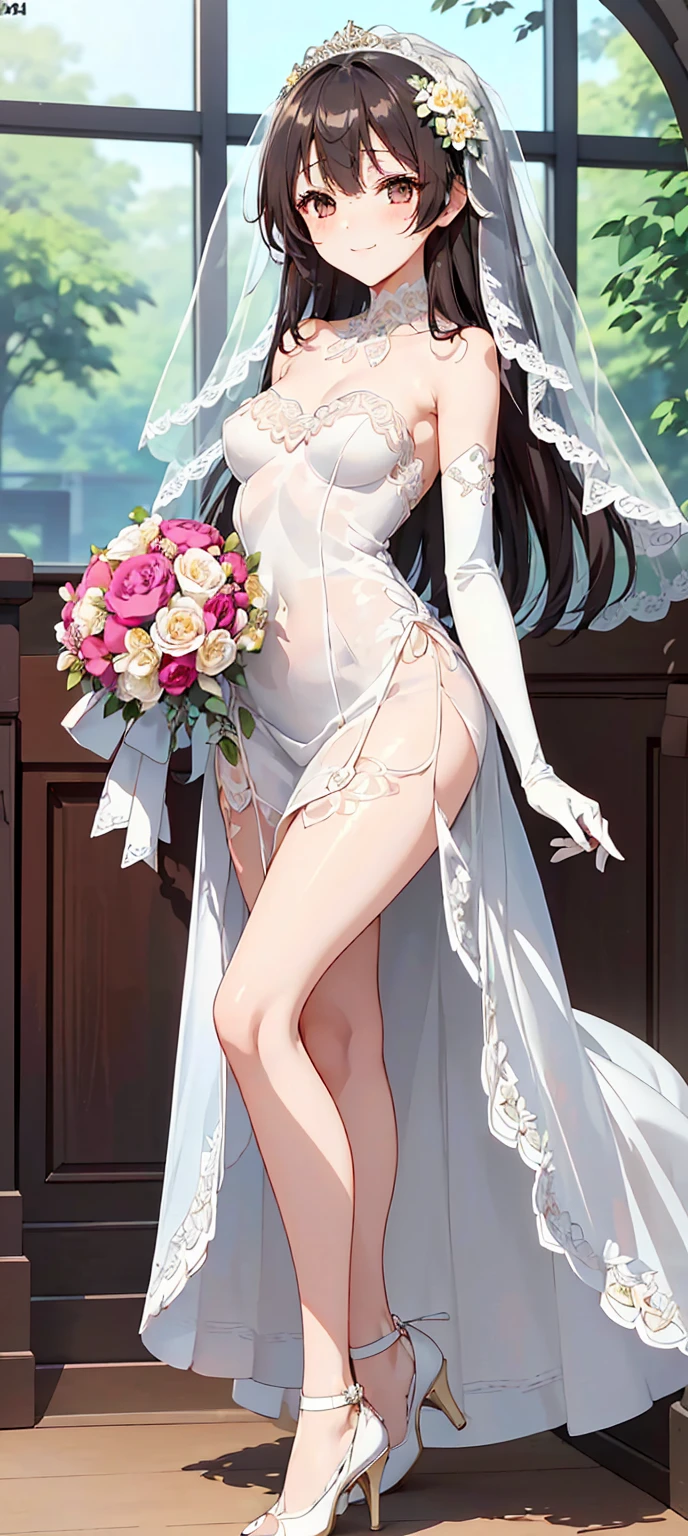 (The wonderful and exquisite Suo Yuki)、 beautiful brown eyes drawn in detail、 Long Dark Brown Hair 、 one girl、 Extremely Delicate 、Straight face、 incomparably beautiful girl with excellent estimates、 soft、(Functional)、(Naughty)、(Cute)、Delicate face、Bright lips, A shy and lewd smile、（Transparent Veil）、(( White See-through Strapless Wedding Dress with Luxurious Lace Embroidery))、  The shape of an erect nipple stands out、((Pure white gloves))、(((I have a bouquet of bridal dresses)))、 WHITE PANTY WITH LUXURIOUS LACE EMBROIDERY、 ( high heels)、 ( small butt)、(Big Breasts)、(((Baby Face:1.15)))、((( slim figure)))、((( very thin and beautiful thighs)))、( very thin and beautiful waist )、(Long, slender legs)、((( flower garden where you can see a small church with colorful flowers)))、4K、Super high resolution、(masterpiece,  best quality)、( beautiful finely drawn eyes )、( beautiful detailed face)、 shortness of breath、 excited expression、Estrus season、Stroll through the flower garden 、 composition from the front、 full body portrait from head to toe