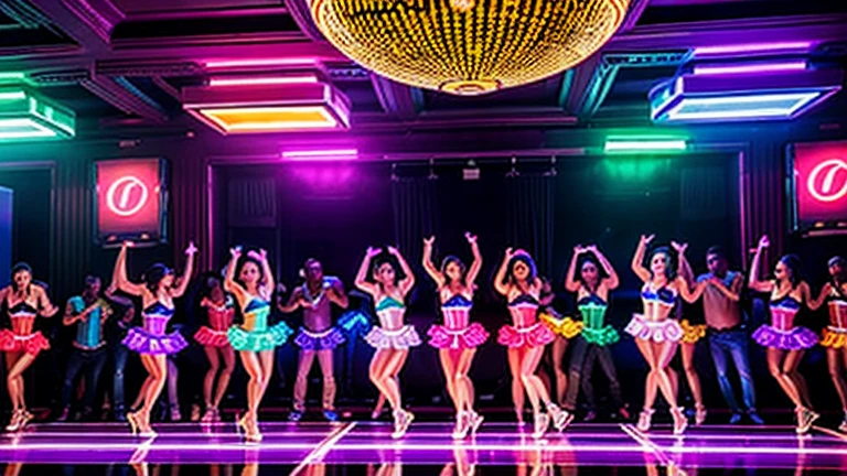 A lively and vibrant dance hall filled with people dancing joyfully under colorful lights. The atmosphere is electric, with neon lights and a disco ball casting dynamic patterns across the floor. People are dressed in stylish outfits, moving energetically to the music. The walls are adorned with bright, colorful decorations, and the overall mood is festive and exhilarating. The dance floor is packed, and the energy is palpable as everyone enjoys the night.